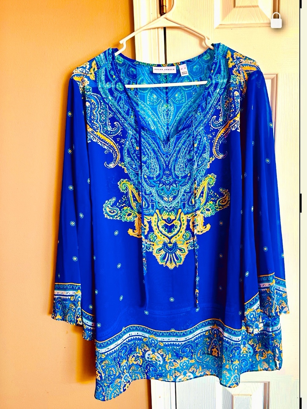 Susan Graver XL Cobalt Blue Paisley V-Neck Tunic with Yellow Accents - Picture 2 of 6